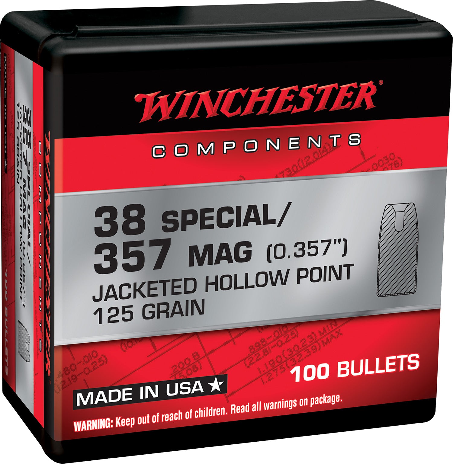 Winchester WB38HP125X 38 Special 125gr Jacketed Hollow Point Centerfire Handgun Reloading Bullets 100/Box