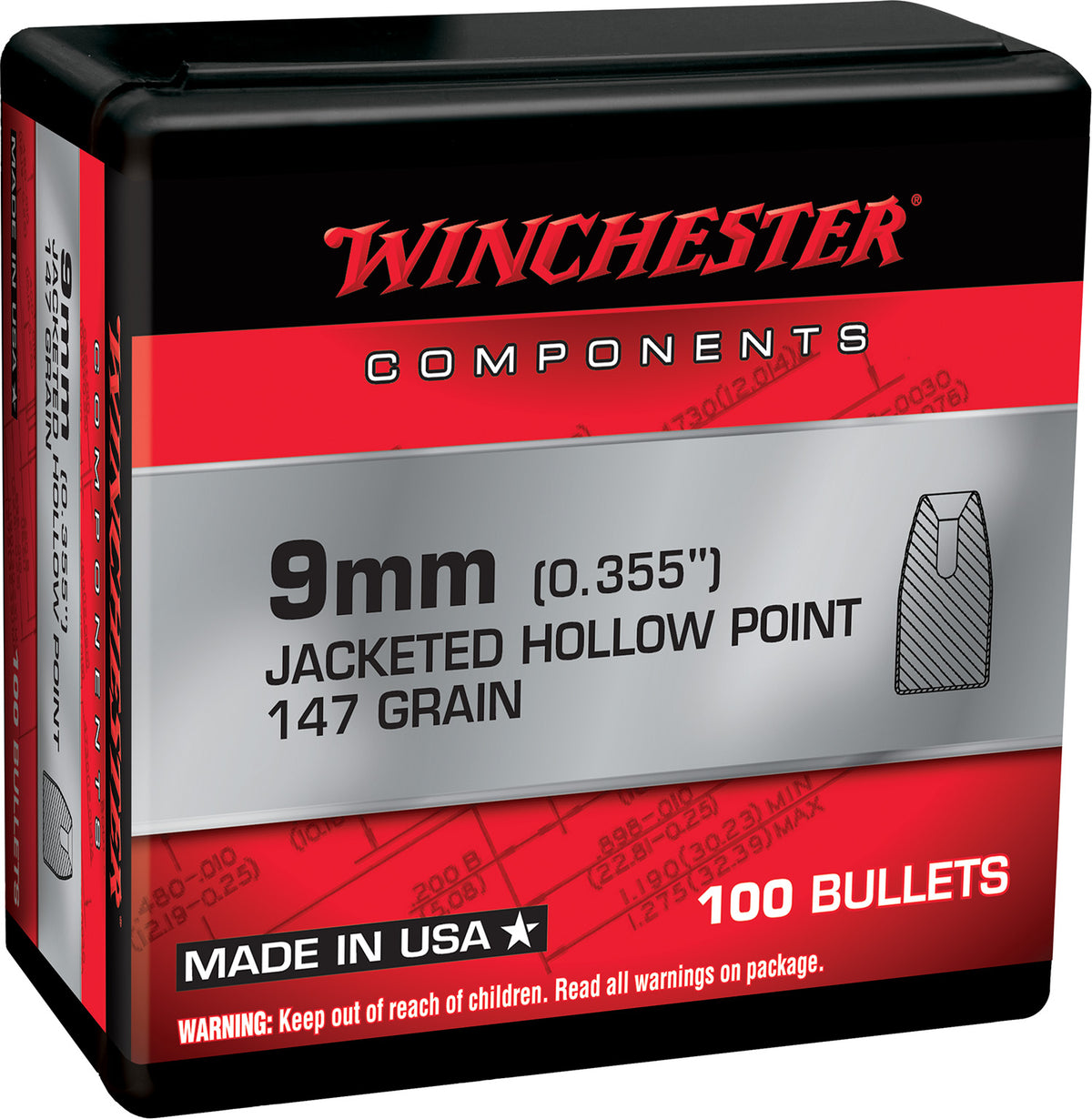 Winchester WB9JHP147X 9mm 147gr Jacketed Hollow Point Centerfire Handgun Reloading Bullets 100/Box