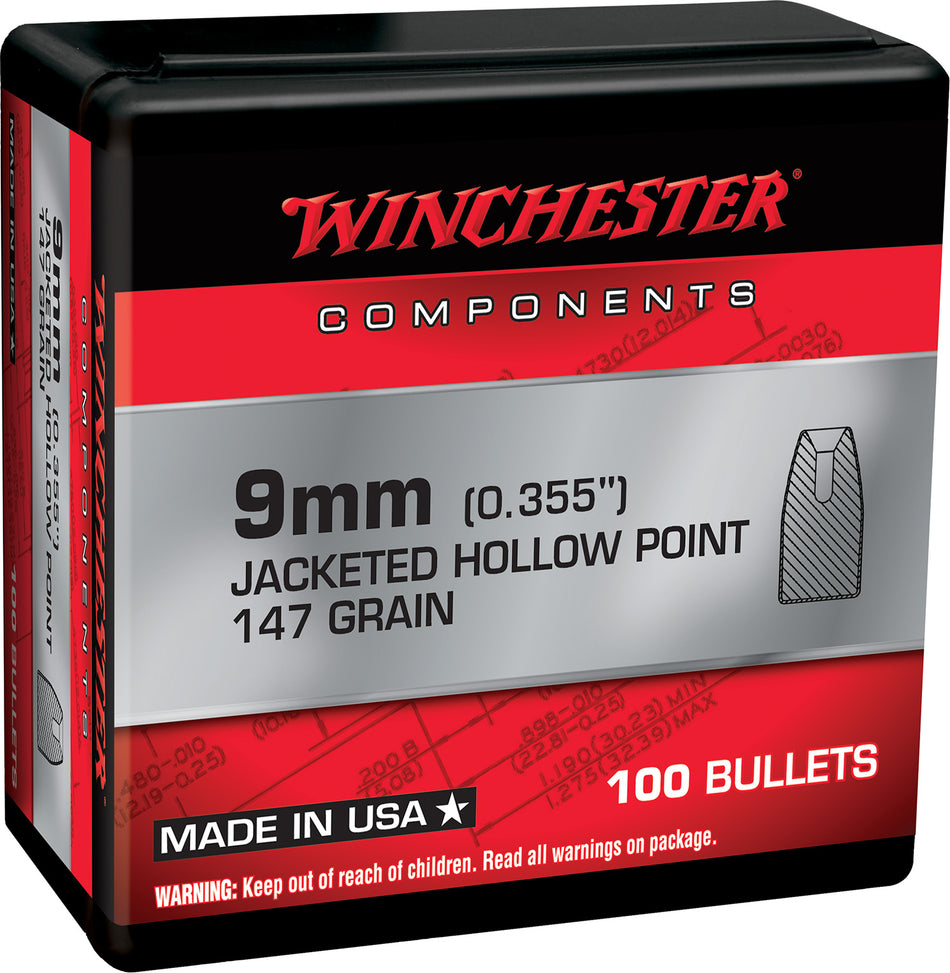 Winchester WB9JHP147X 9mm 147gr Jacketed Hollow Point Centerfire Handgun Reloading Bullets 100/Box