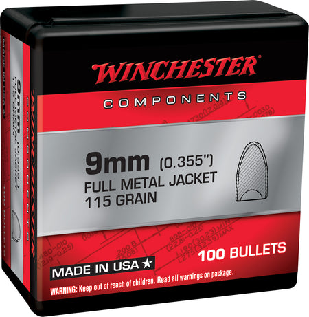 Winchester WB9MC115X 9mm 115gr Full Metal Jacket Flat Base Centerfire Handgun Reloading Bullets 100/Box