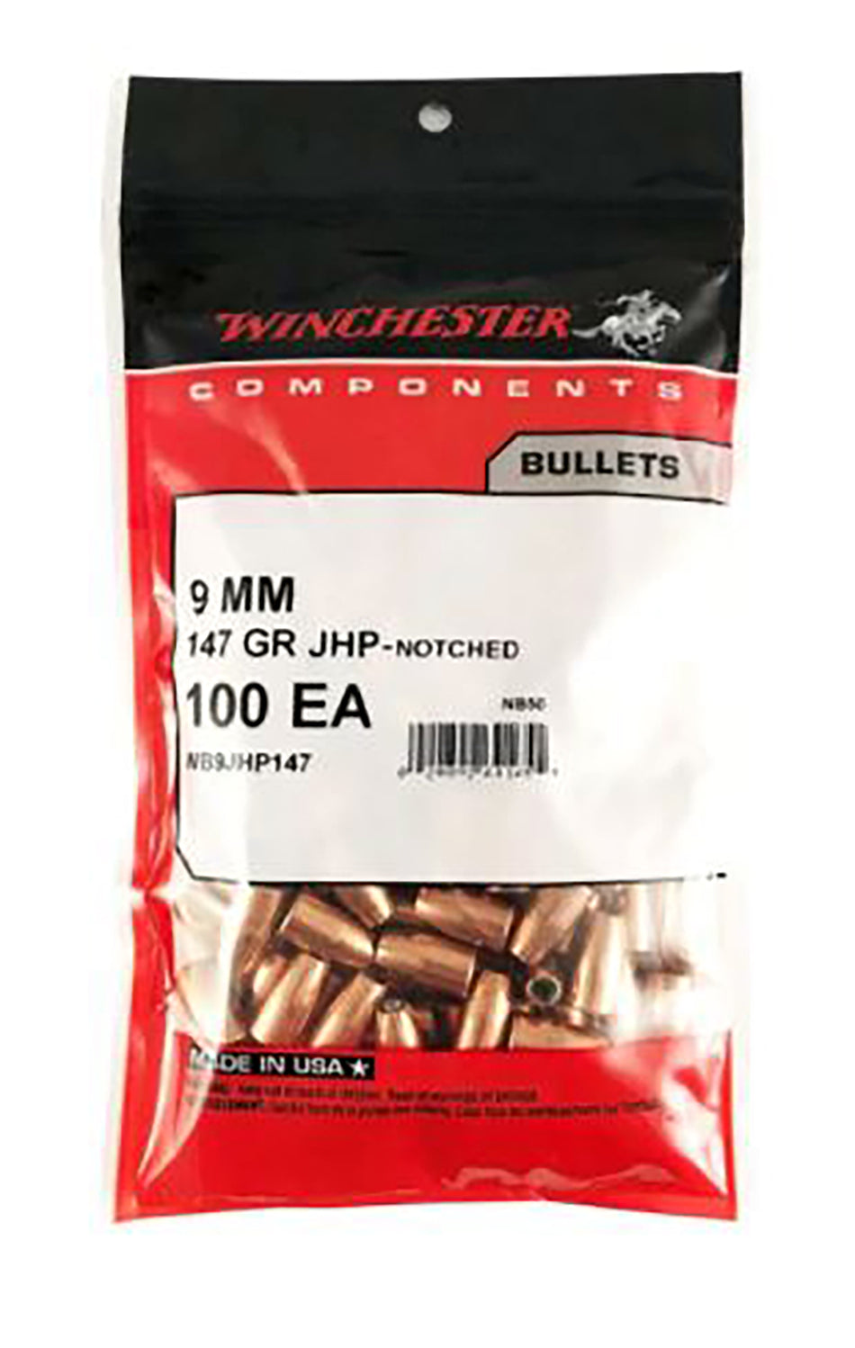 Winchester WB9JHP147D 9mm 147gr Jacketed Hollow Point Centerfire Handgun Reloading Bullets 500/Box