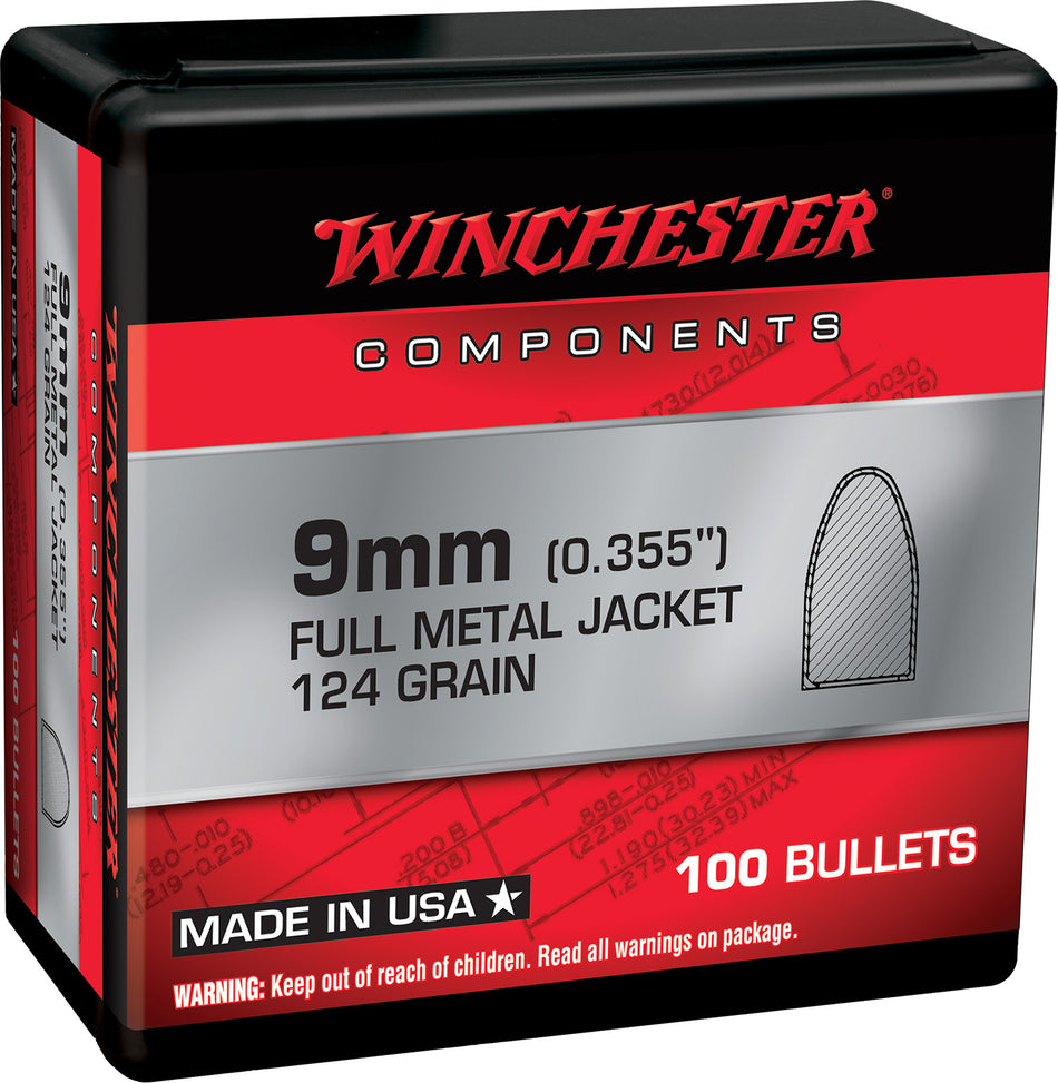 Winchester WB9MC124X 9mm 124gr Full Metal Jacket Centerfire Handgun Reloading Bullets 100/Box