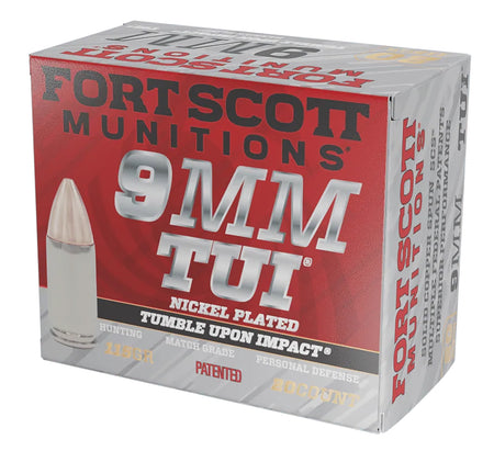 Fort Scott Munitions Tumble Upon Impact (TUI) Nickel 9mm Luger / Parabellum 115 grain Solid Copper Spun ammunition