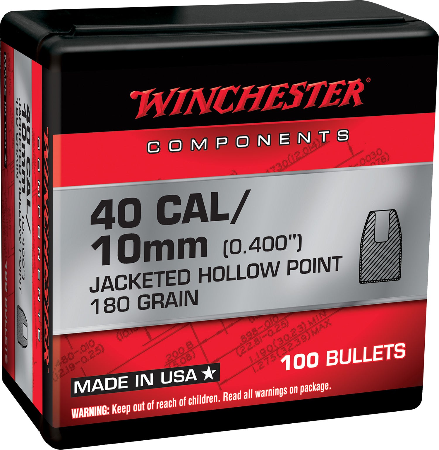 Winchester WB40HP180X Centerfire Handgun Reloading Bullets 40 S&W 180gr Jacketed Hollow Point 100/Box