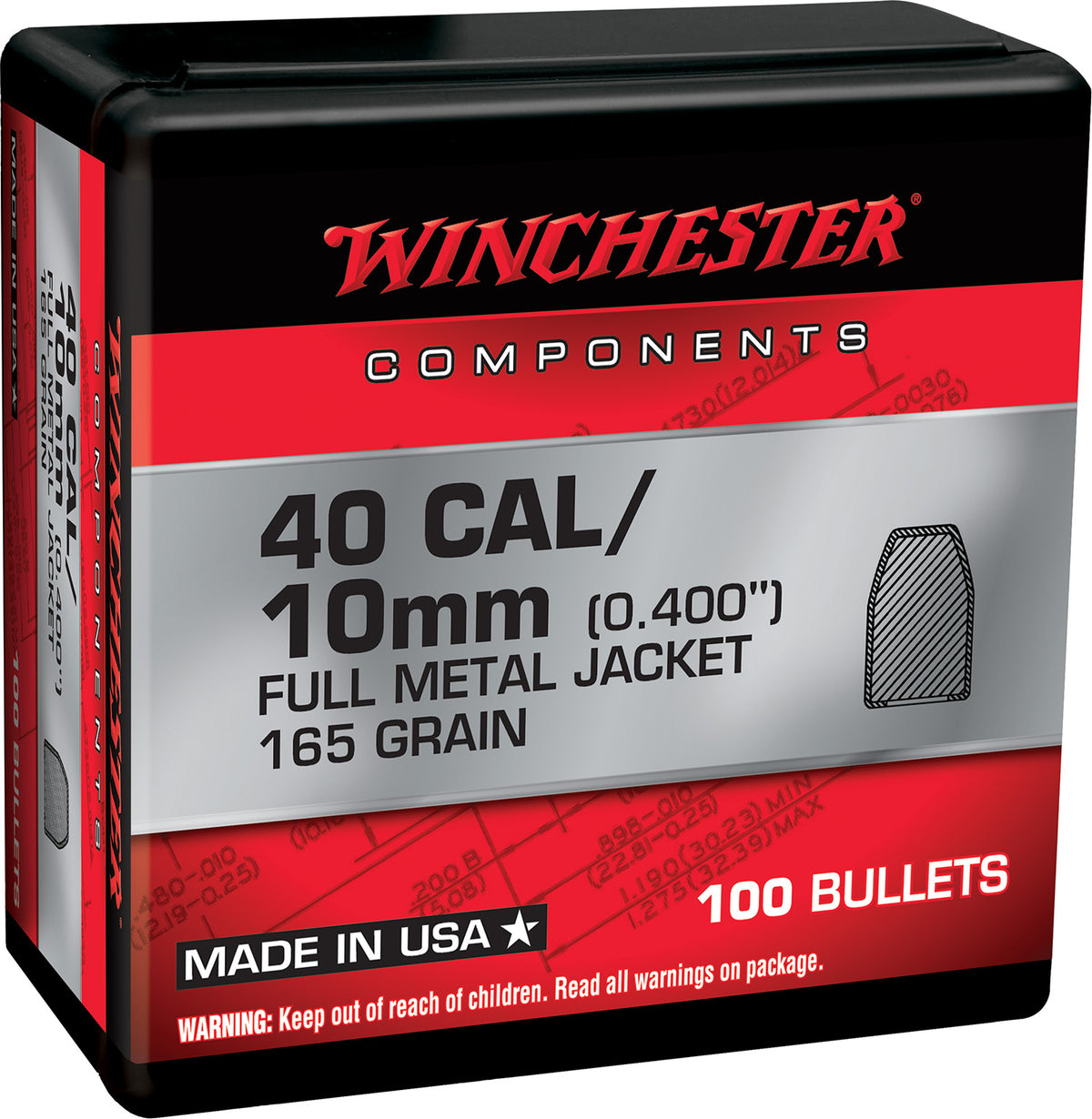 Winchester WB40TC165X Centerfire Handgun Reloading Bullets 40 S&W 165gr FMJ Truncated Cone 100/Box