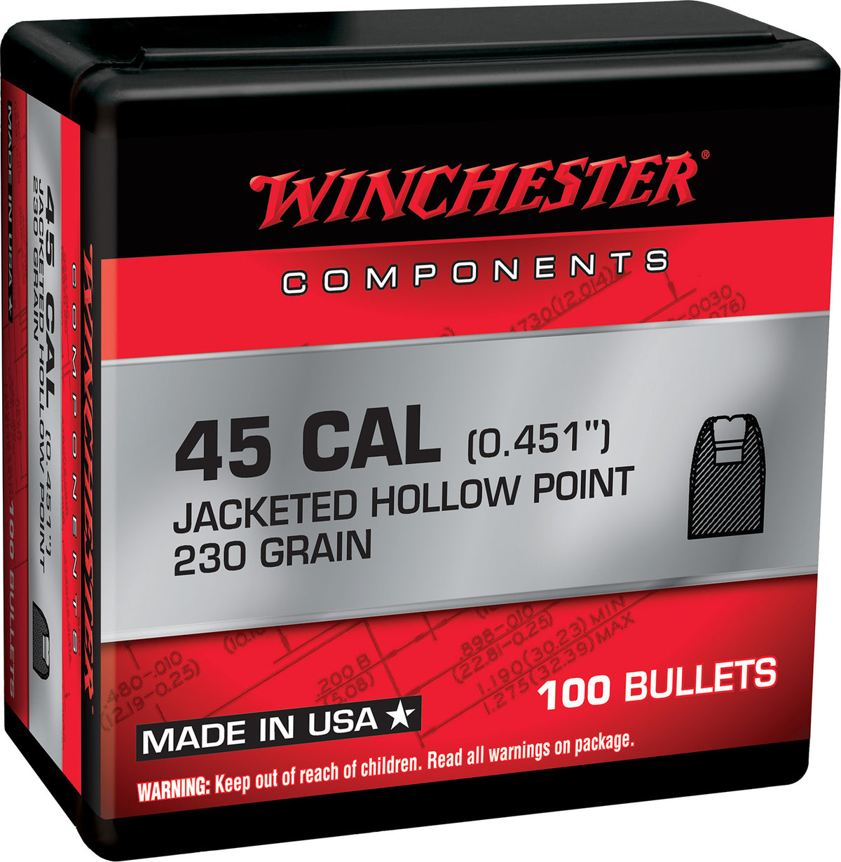 Winchester WB45HP230X Centerfire Handgun Reloading Bullets 45 Cal 230gr Jacketed Hollow Point 100/Box
