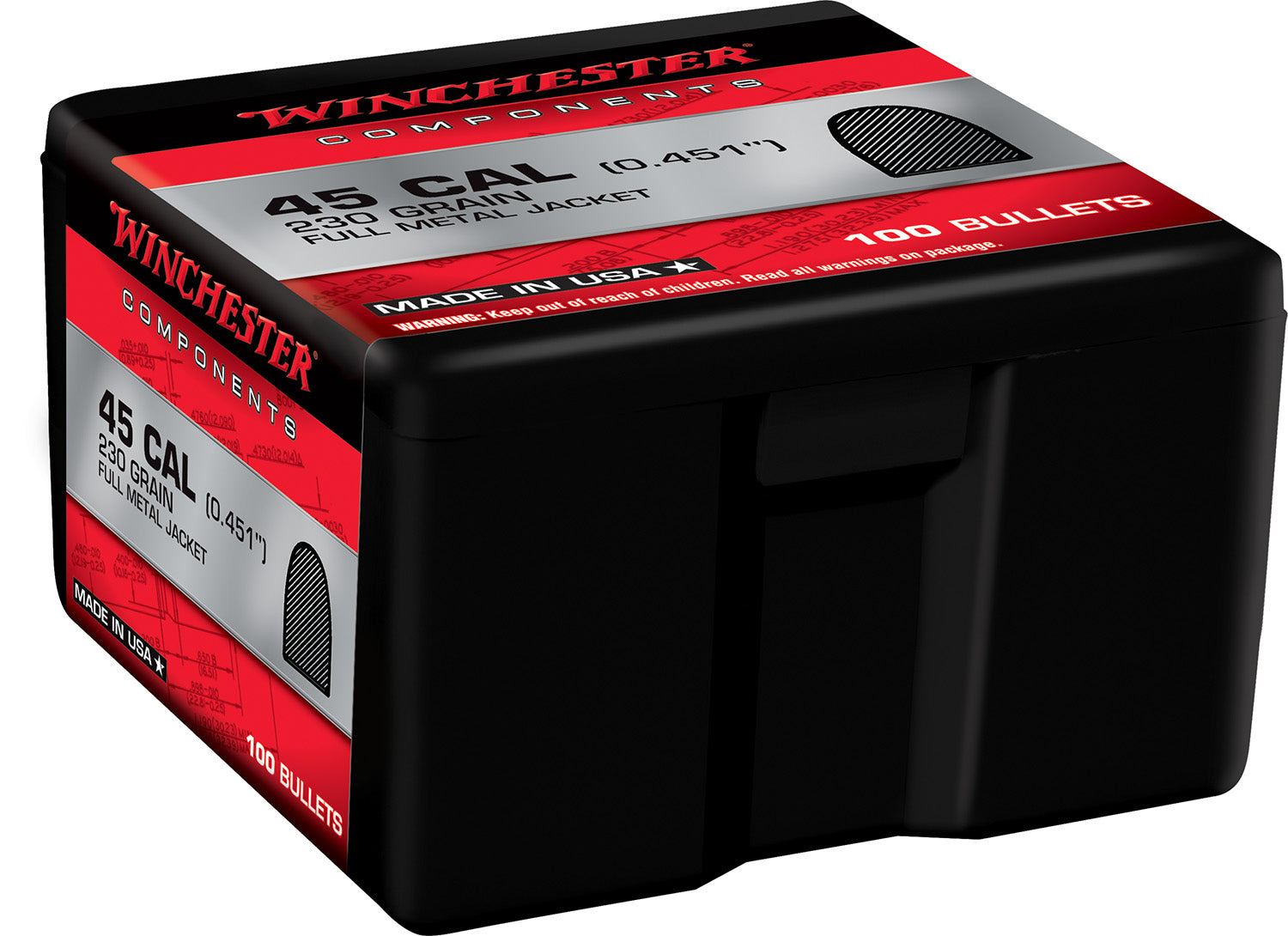 Winchester WB45MC230X Centerfire Handgun Reloading Bullets 45 Cal 230gr Full Metal Jacket 100/Box