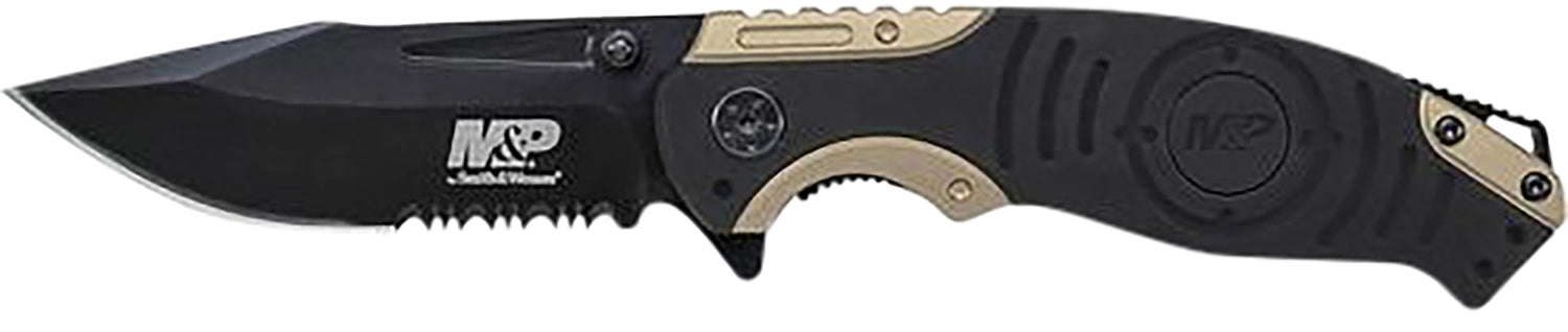 S&W SWP13BSCP M&P 3.50" Liner Lock Folding Knife Drop Point Stonewashed Blade Black & Tan Aluminum Handle Pocket Clip