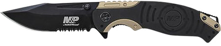 S&W SWP13BSCP M&P 3.50" Liner Lock Folding Knife Drop Point Stonewashed Blade Black & Tan Aluminum Handle Pocket Clip