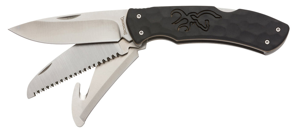 Browning 3220430 Primal Kodiak Slim Folding Lockback 3.75" Drop Point Saw Gut Hook 8Cr13MoV Rubber Handle w/Pouch