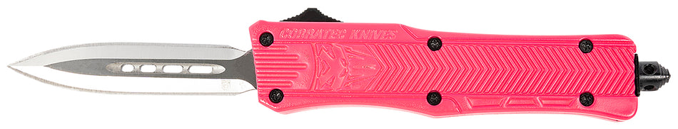 CobraTec CTK-1 2.75" Small OTF Dagger Plain D2 Steel Blade Pink Aluminum Handle with Glass Breaker & Clip