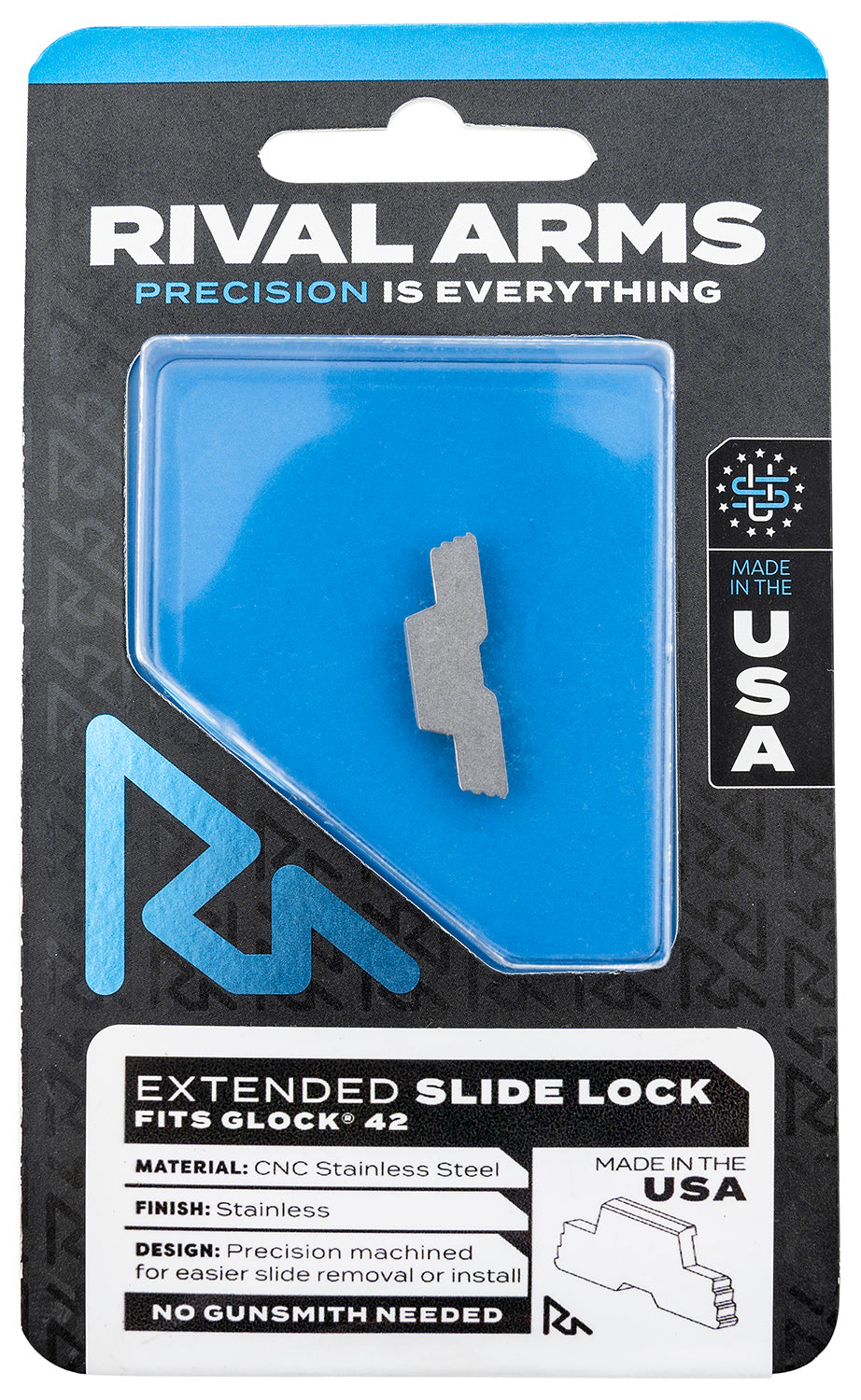 Rival Arms Polished Stainless Extended Takedown Slide Lock for Glock 42