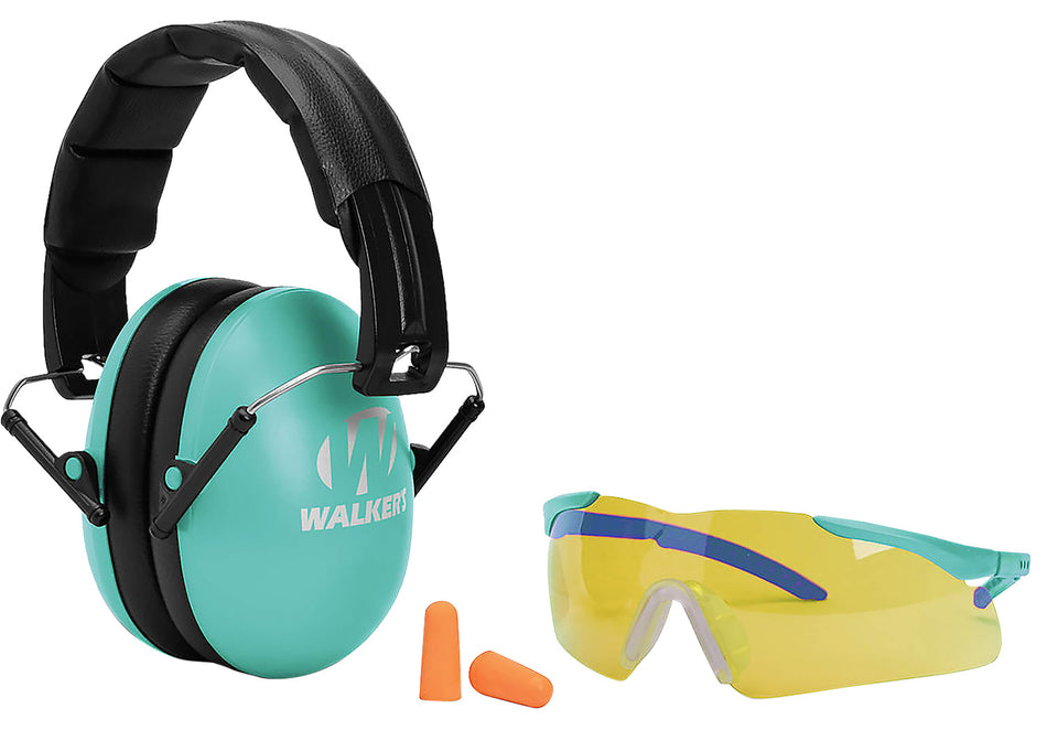 Walker's 23 dB Folding Muff Combo Over-the-Head Black/Teal Youth Women Includes Shooting Glasses and Plugs
