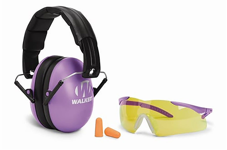 Walker's 23 dB Folding Muff Combo Over-the-Head Purple/Black Youth Women Includes Shooting Glasses and Plugs