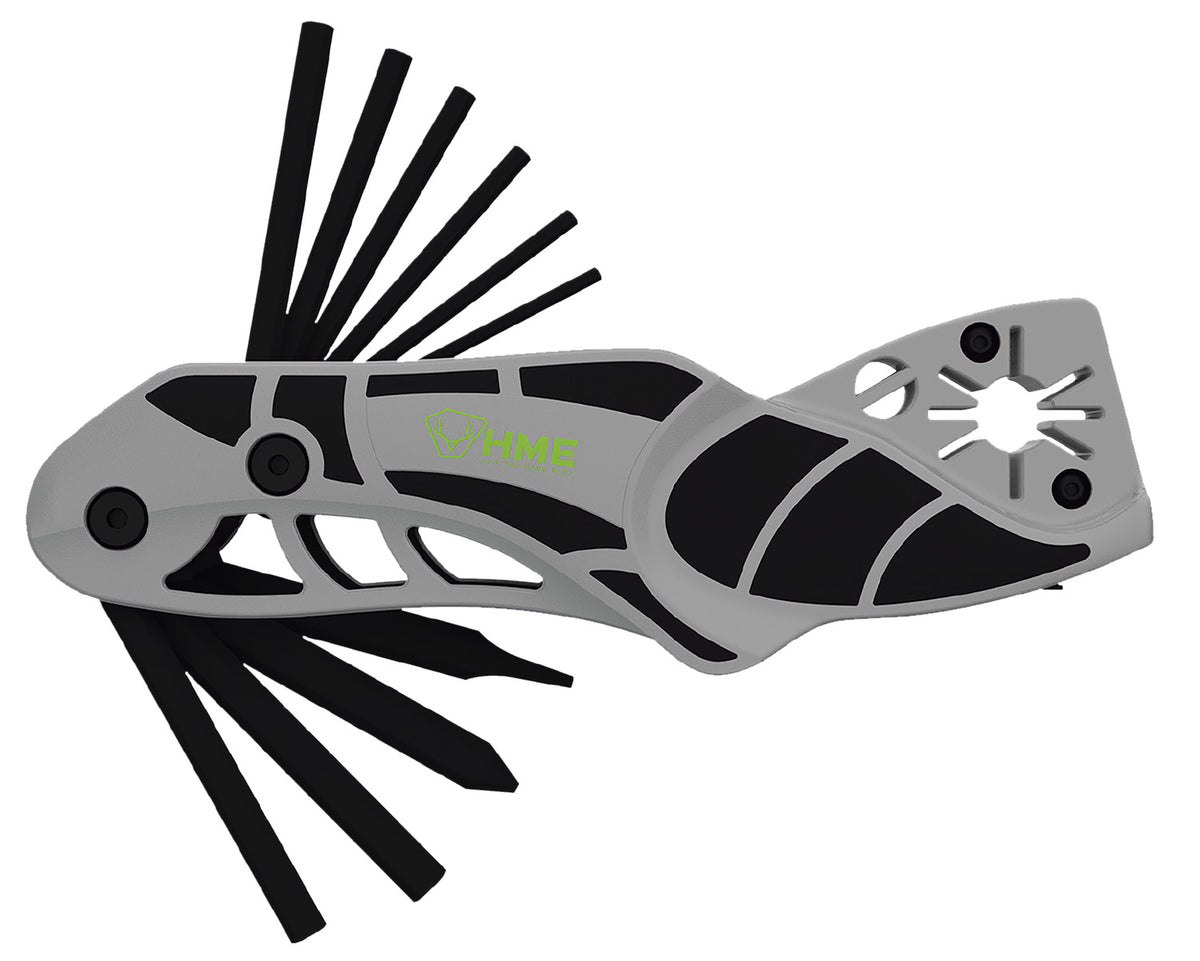 HME 14-In-1 Folding Bow and Arrow Multi-Tool Black/Gray Metal with Broadhead Sharpener, Nock Wrench and Dual Screwdrivers