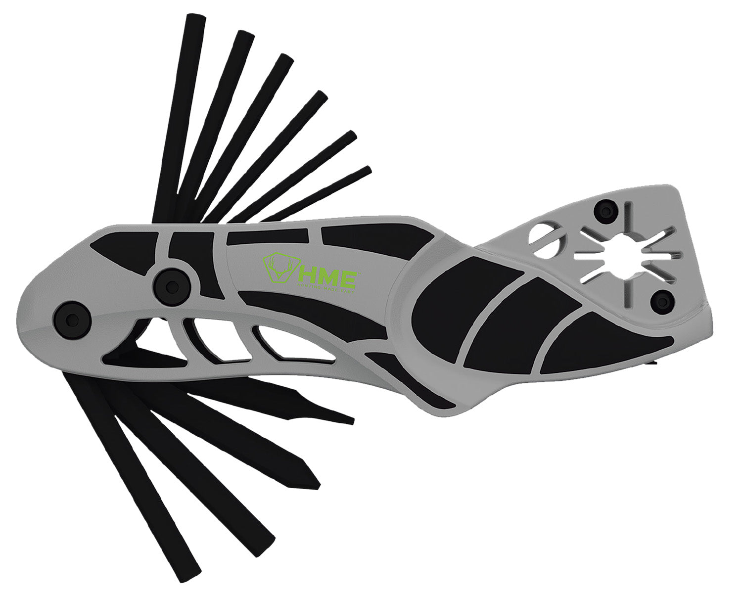 HME 14-In-1 Folding Bow and Arrow Multi-Tool Black/Gray Metal with Broadhead Sharpener, Nock Wrench and Dual Screwdrivers