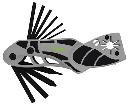 HME 14-In-1 Folding Bow and Arrow Multi-Tool Black/Gray Metal with Broadhead Sharpener, Nock Wrench and Dual Screwdrivers