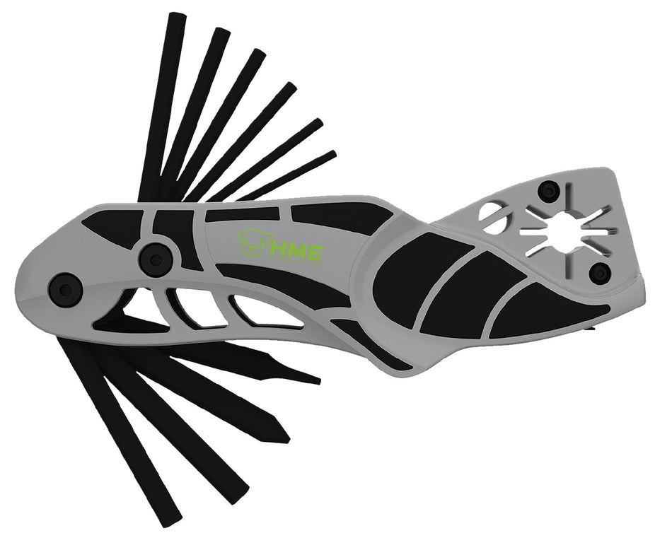 HME 14-In-1 Folding Bow and Arrow Multi-Tool Black/Gray Metal with Broadhead Sharpener, Nock Wrench and Dual Screwdrivers