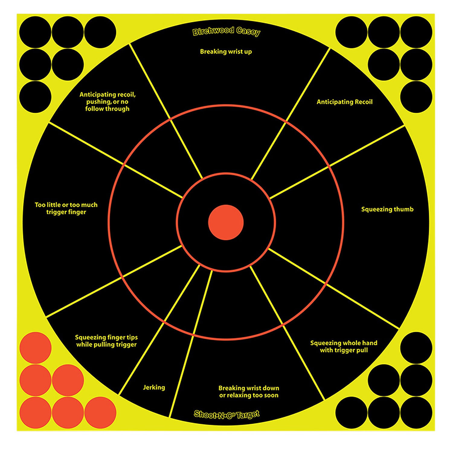 Birchwood Casey 34075 Shoot-N-C Self-Adhesive Reactive 12" Bullseye Paper Target Black/Yellow/Red 50 Pack Includes 1200 Pasters Worn Pkg