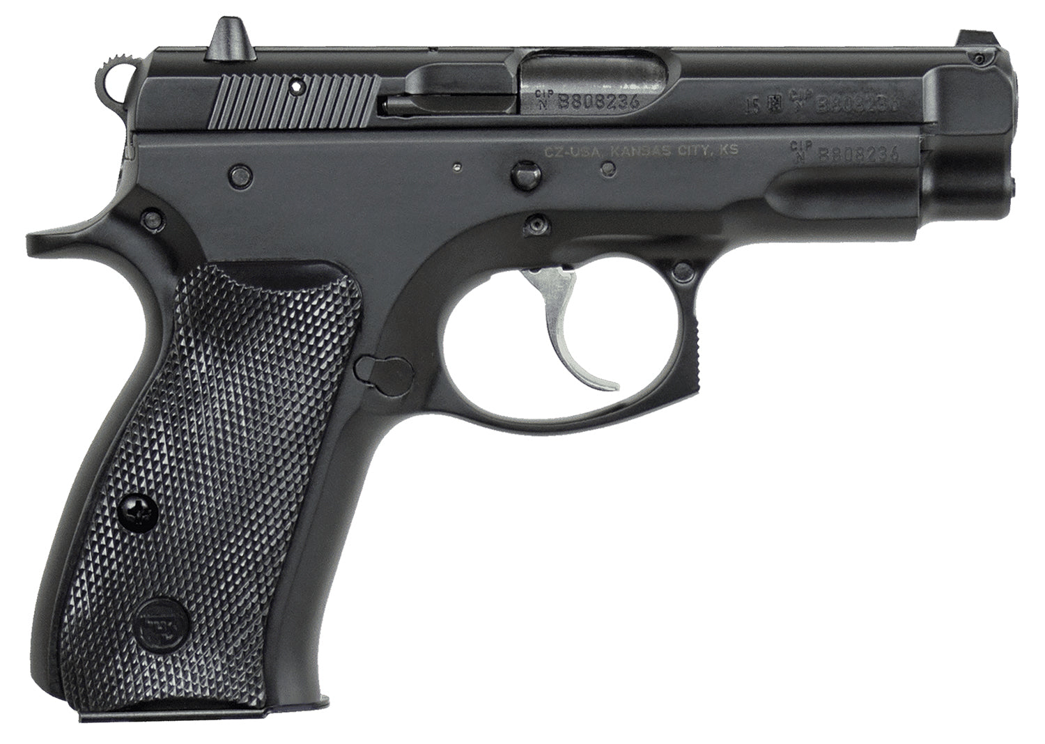 CZ-USA 91190 75 Compact 9mm Luger 15+1 3.75" Black Steel Barrel & Serrated Slide, Black Polycoat Steel Frame w/Beavertail, Black Plastic Grip, Right Hand