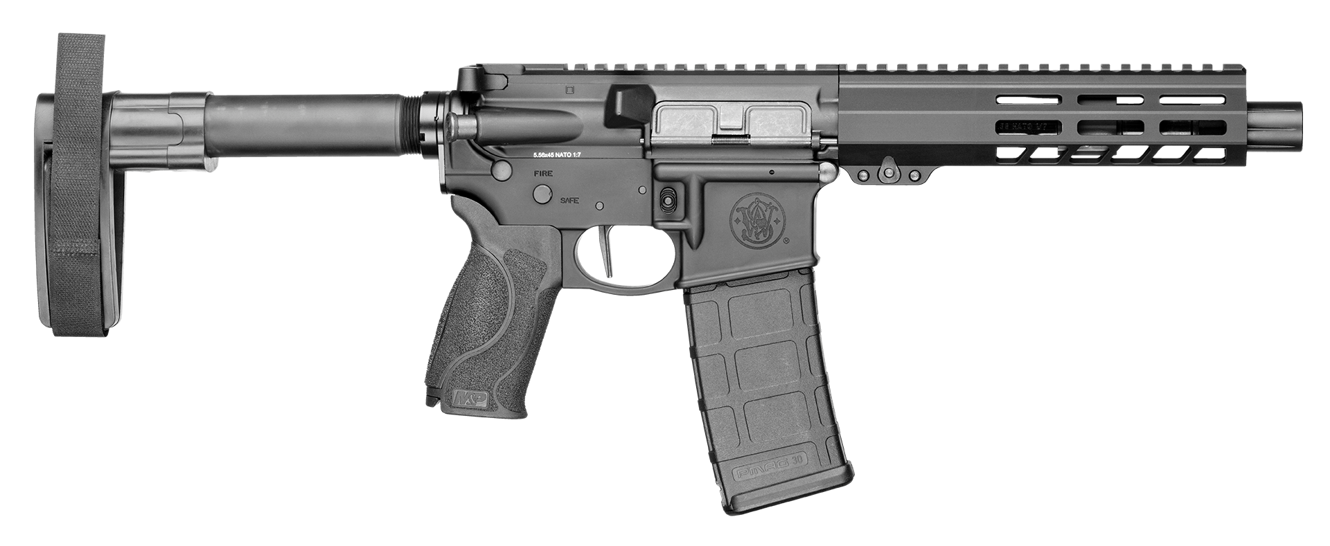 Smith & Wesson 13658 M&P15 223 / 5.56 NATO 7.50" Armornite Barrel 30+1, Fixed Arm Brace, Black Interchangeable Palmswell Grip Inserts, Manual Safety, Straight Buffer Tube, Optics Ready