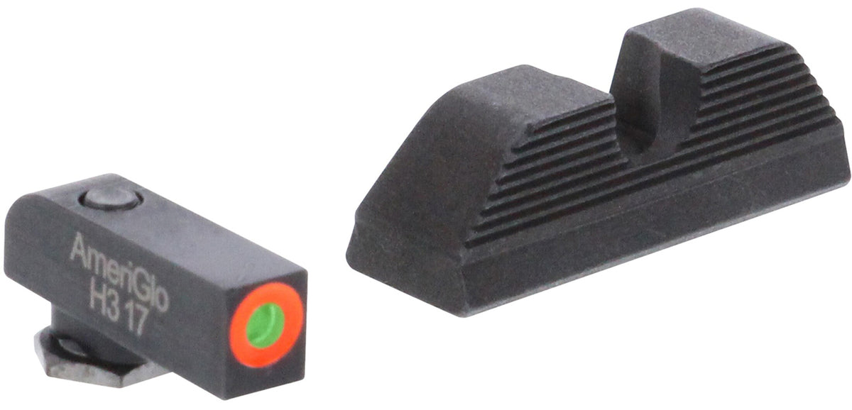 AmeriGlo GL5353 Glock Gen 5 MOS Protector Iron Sight Set Green Tritium Orange Outline Front Black Rear