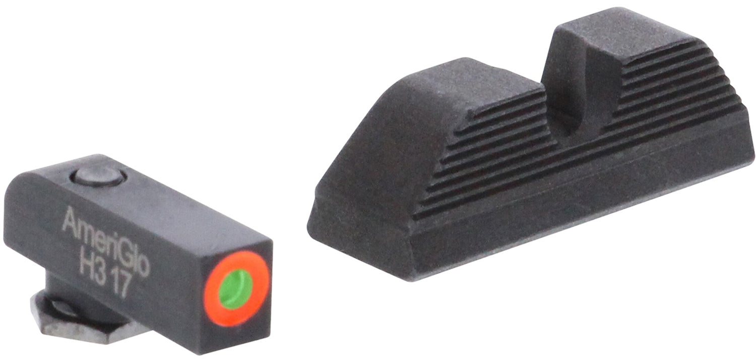 AmeriGlo GL5353 Glock Gen 5 MOS Protector Iron Sight Set Green Tritium Orange Outline Front Black Rear