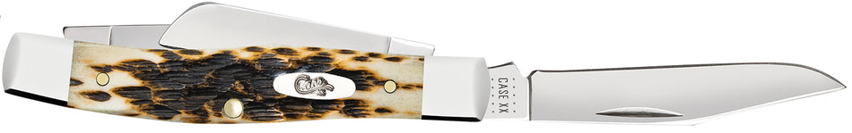 Case 00079 Amber Bone CV Stockman Folding Knife 2.57"/1.88"/1.76" Clip/Sheepsfoot/Pen Chrome Vanadium Steel, Peach Seed Jigged Handle
