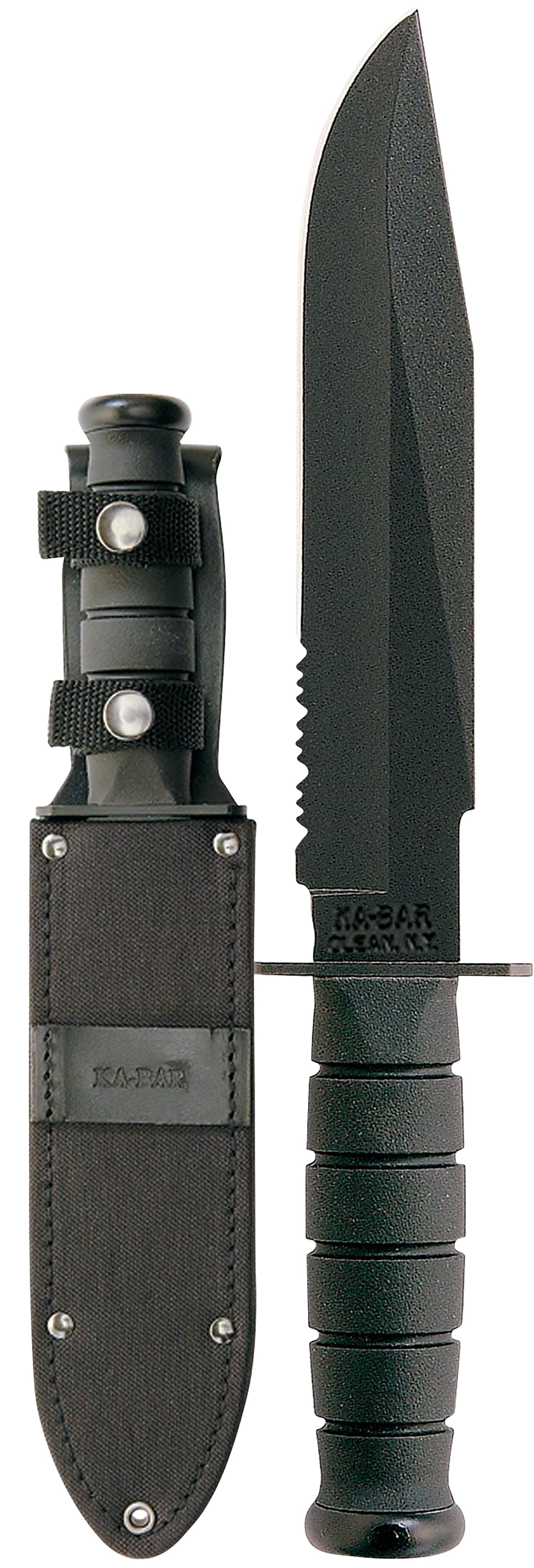 Ka-Bar 1271 Fighter 8" Partially Serrated Fixed Blade, Black 1095 Cro-Van Steel, Black Kraton G Handle w/ Sheath