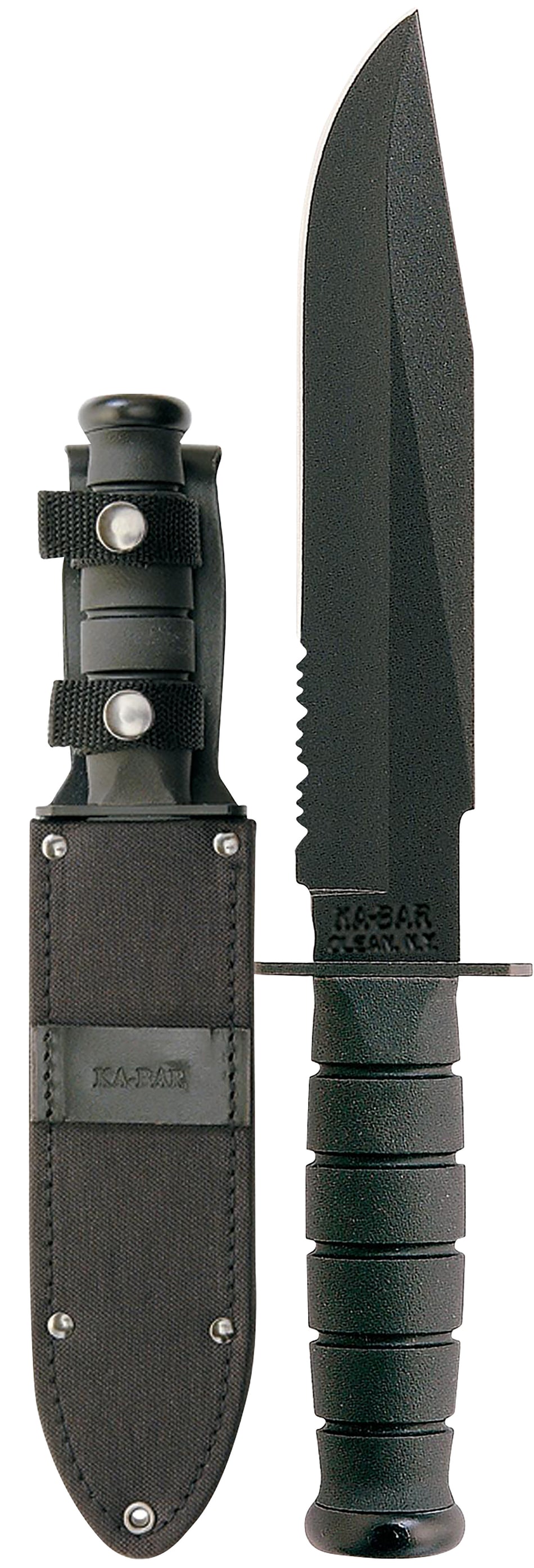 Ka-Bar 1271 Fighter 8" Partially Serrated Fixed Blade, Black 1095 Cro-Van Steel, Black Kraton G Handle w/ Sheath