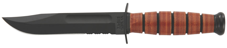 Ka-Bar 1252 Short USMC 5.25" Partially Serrated Clip Point Fixed Blade, Brown Leather Handle, Sheath Included