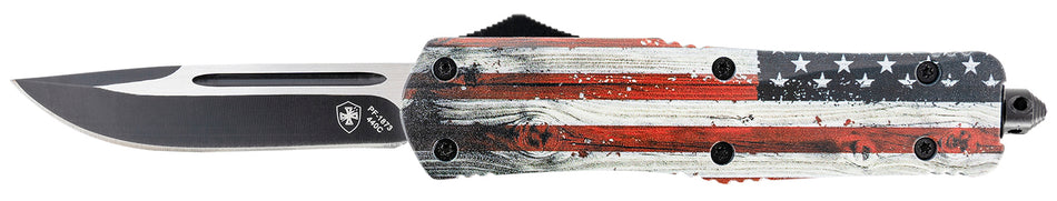 Templar Knife LWUS331 Gen II Large OTF 3.50" Drop Point Plain 440C SS Blade, 5.25" US Flag Aluminum Wood Grain Handle