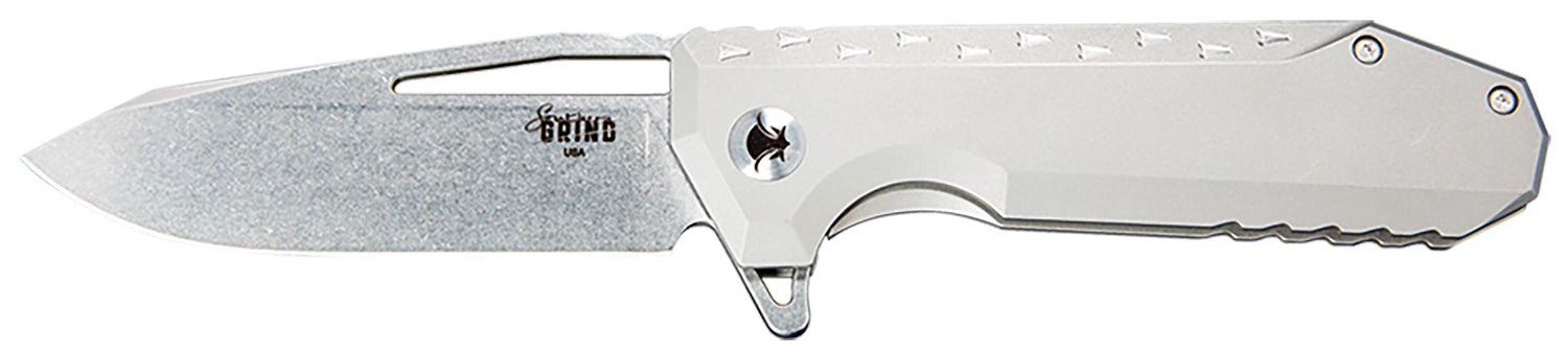 Southern Grind SG0903001101 Penguin Folding Knife 3.50" CPM S90V Drop Point Stonewashed Blade, Silver Titanium Handle