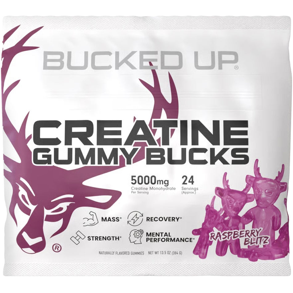 Bucked Up Creatine Gummy Supplement Raspberry Blitz Flavor 24 Pack