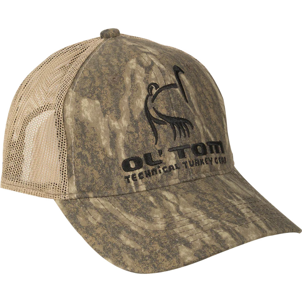 Drake Ol' Tom Mossy Oak Bottomland Camo Mesh Trucker Logo Cap OSFM