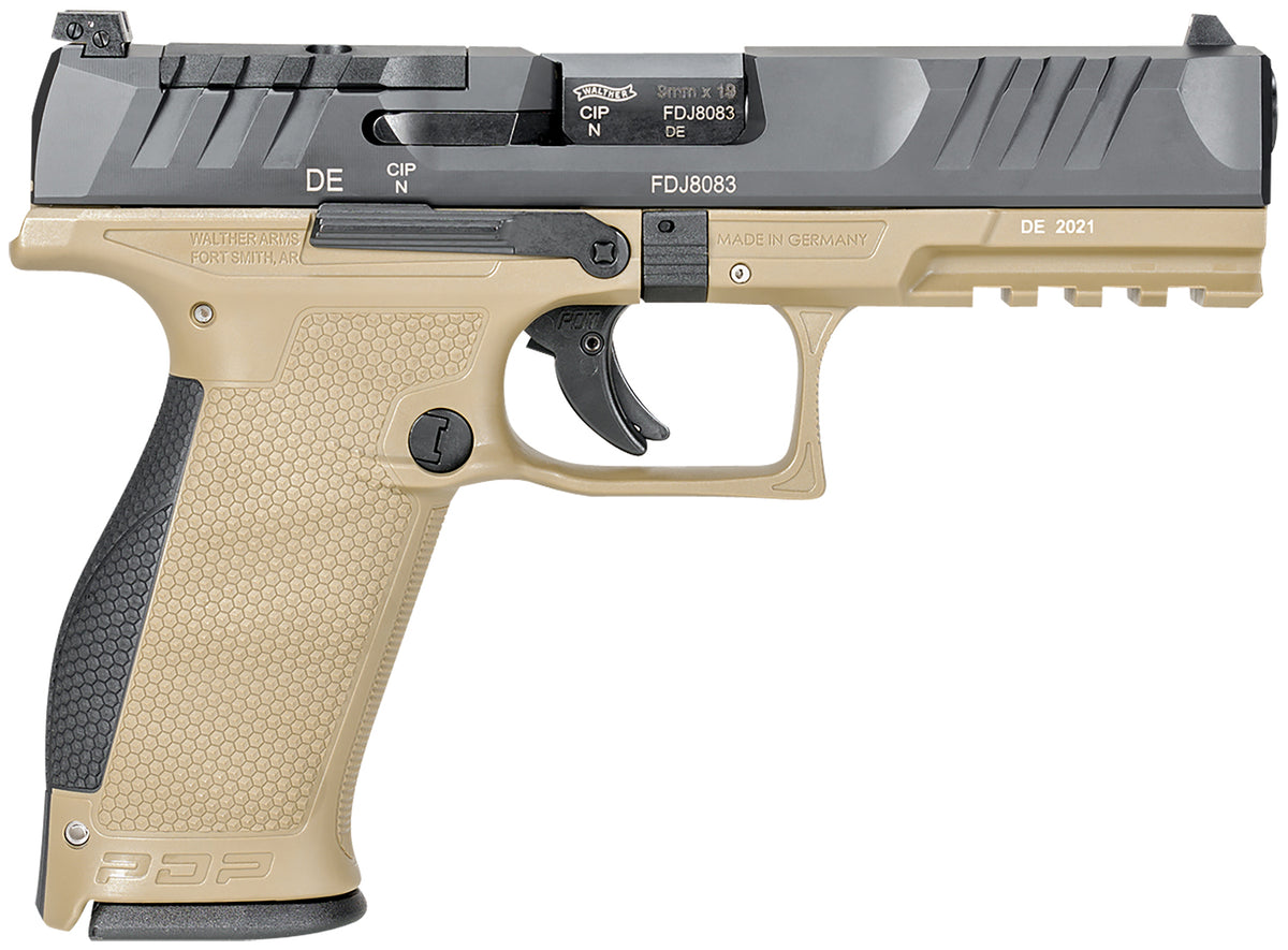Walther Arms 2858380 PDP 9mm Luger 18+1 4.50" Black Polygonal Rifled Barrel, Black Optic Ready/Serrated Slide, Tan Polymer Frame w/Picatinny Rail, Black Performance Duty Texture Grips, Ambidextrous