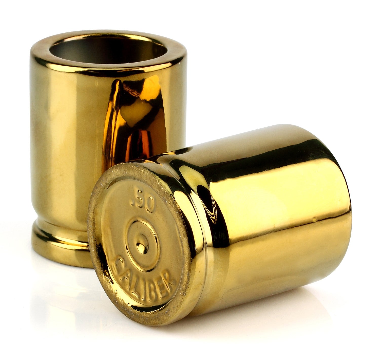 Caliber Gourmet CBGSG1002 50 Cal Shot Glasses Gold Ceramic Pair - Gun Enthusiast Gift