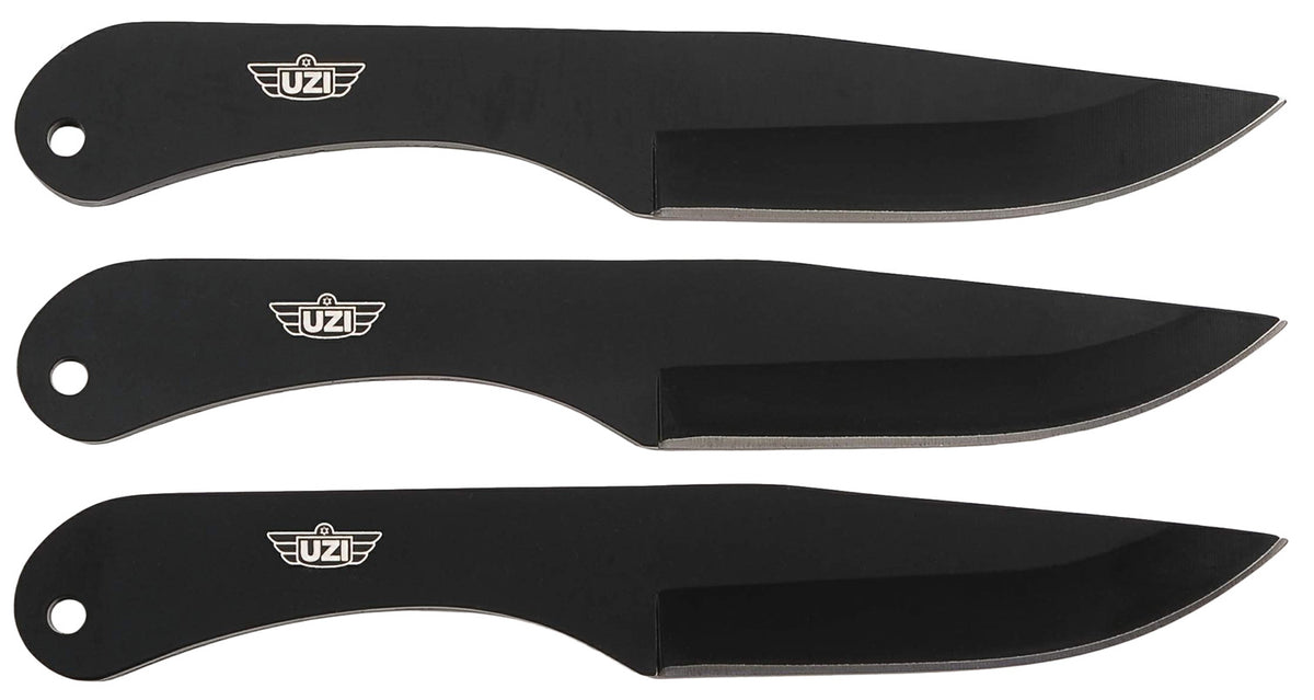 Uzi Accessories UZKTRW004 IV 8.25" Black Stainless Steel Throwing Knives, Set of Three with Leather Belt Pouch