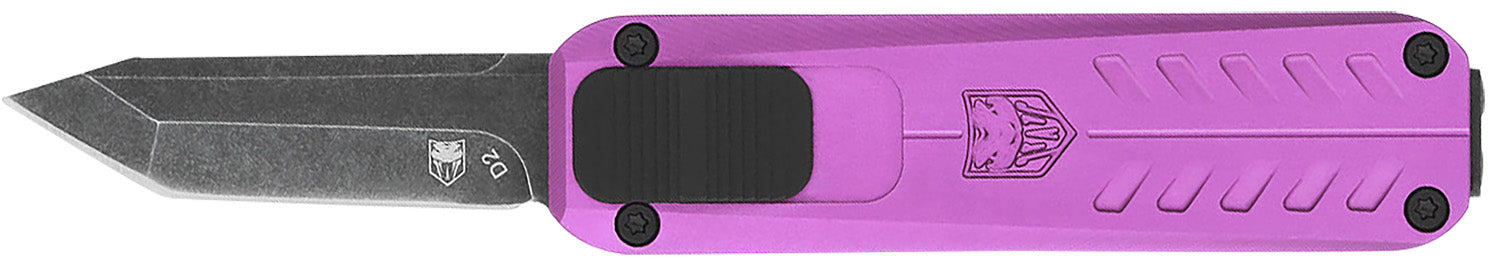 CobraTec 1.75" California 929TB OTF Tanto Stonewashed D2 Blade Purple Anodized Aluminum Handle Pocket Clip and Pouch