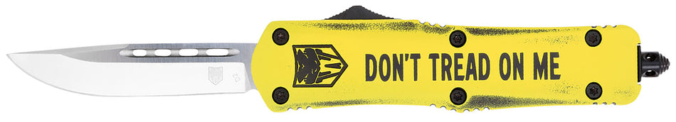 CobraTec FS-3 Don't Tread On Me 3" Medium OTF Drop Point Plain D2 Blade Yellow Cerakoted Aluminum Handle Glass Breaker & Clip