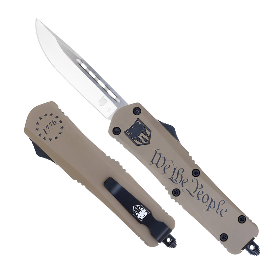 CobraTec FS-3 We The People 3" Medium OTF Drop Point Plain D2 Blade Tan Cerakoted Aluminum Handle Glass Breaker & Clip