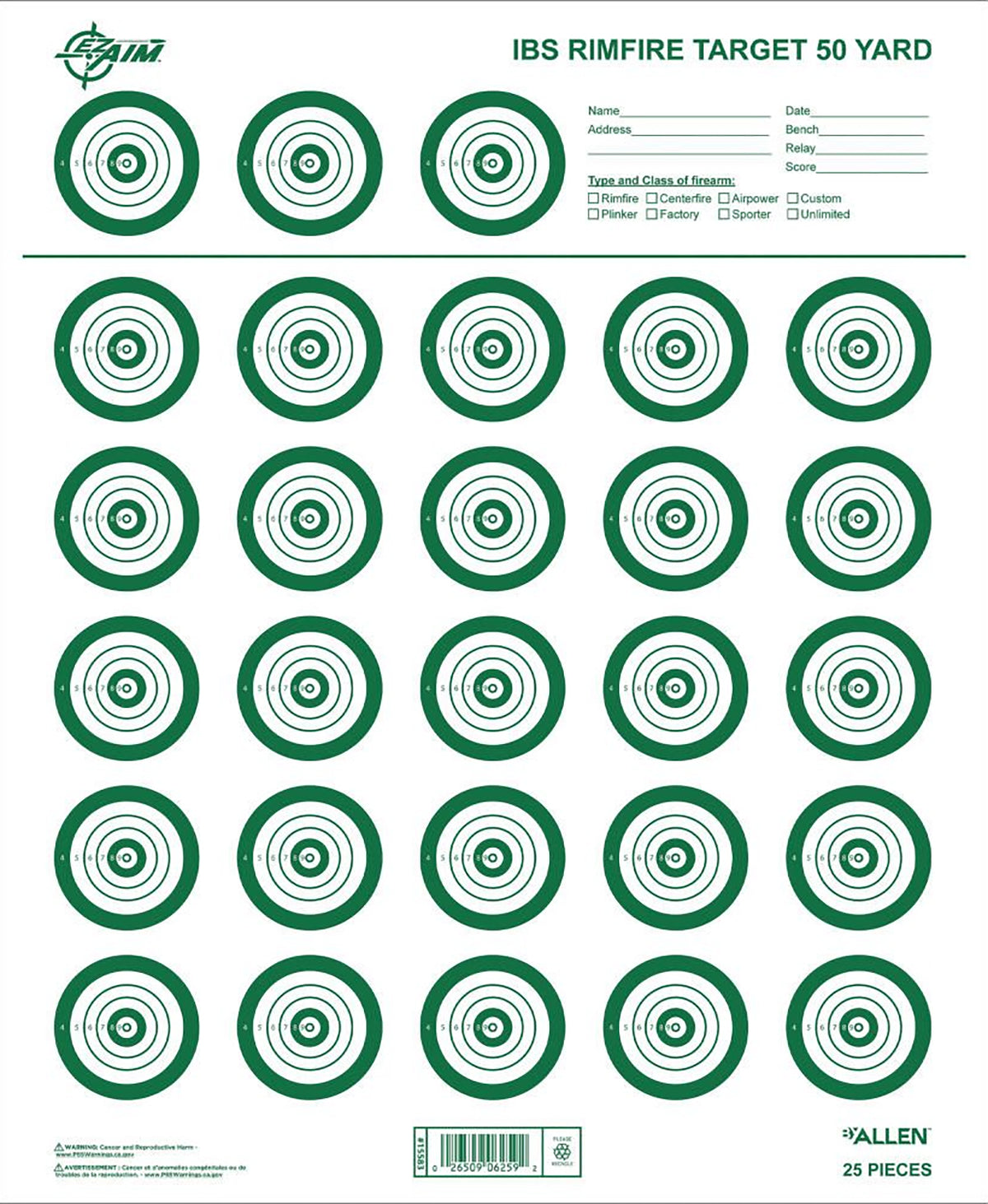 EZ-Aim 15582 Non-Adhesive IBS Rimfire Shooting Target, White/Green, 25-Pack