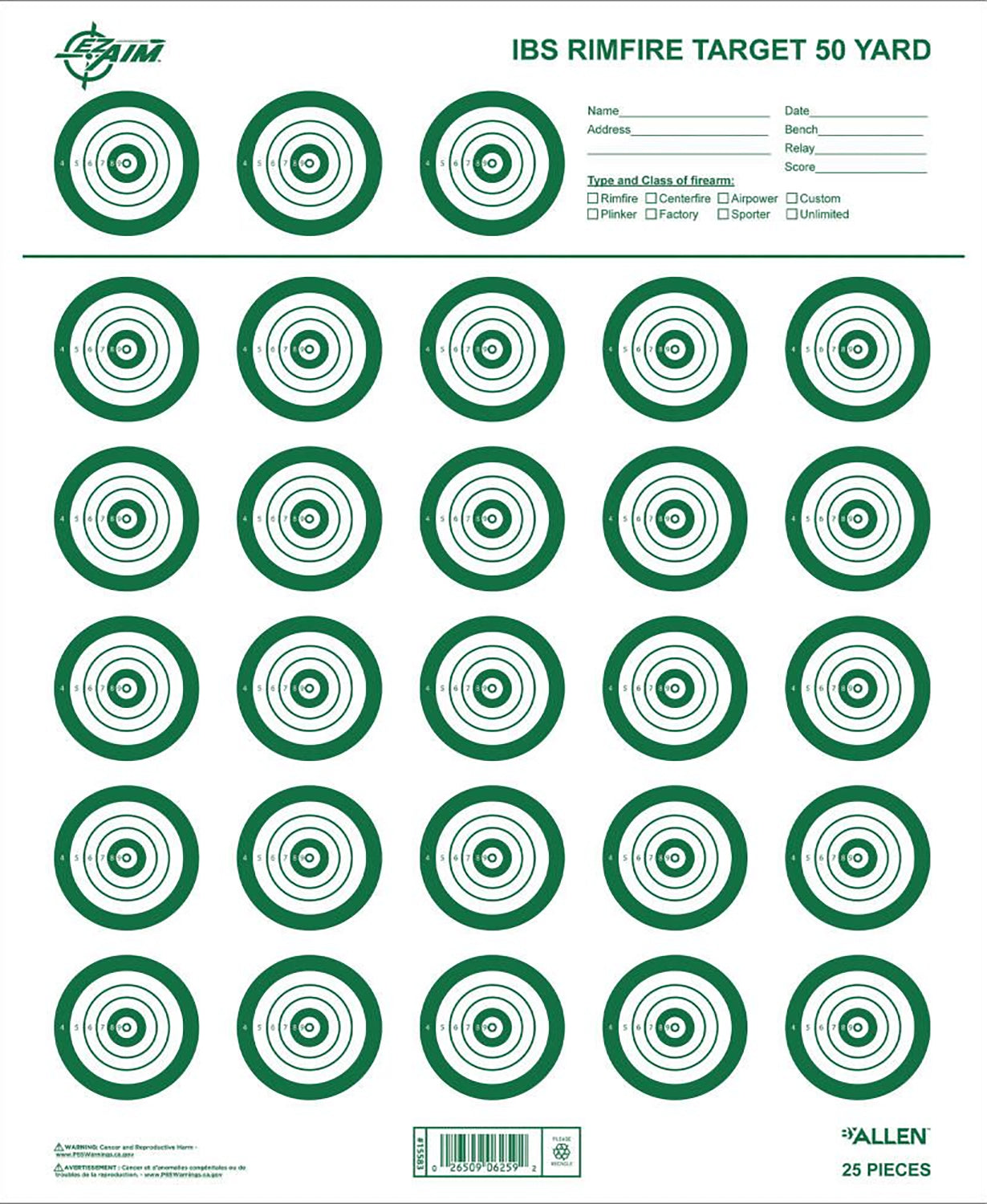 EZ-Aim 15582 Non-Adhesive IBS Rimfire Shooting Target, White/Green, 25-Pack