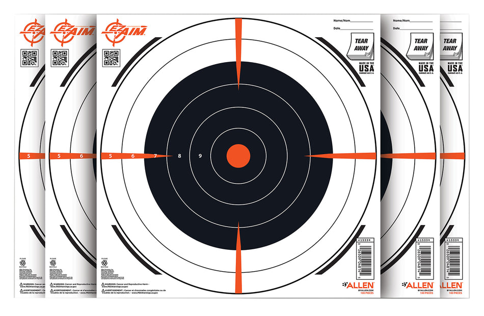 EZ-Aim Paper Bullseye Shooting Targets, 12"x12", Black/White with Orange Aiming Point, 100 Pk