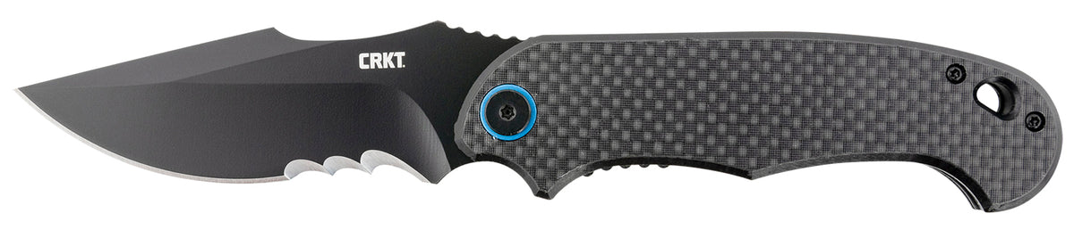 CRKT P.S.D. 3.63" Folding Recurve Veff Serrated Black EDP Steel Blade Black G10 Carbon Fiber Handle with Blue Pivot and Clip