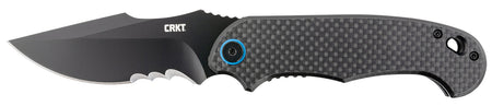 CRKT P.S.D. 3.63" Folding Recurve Veff Serrated Black EDP Steel Blade Black G10 Carbon Fiber Handle with Blue Pivot and Clip