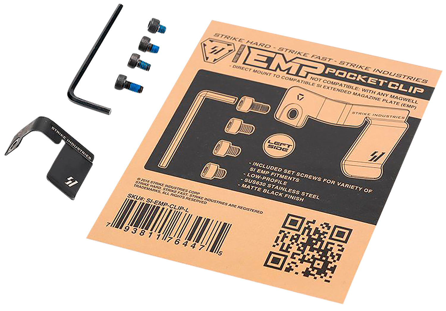 Strike Industries Magazine Pocket Clip Left Hand for SI EMP Mag Extensions Black Stainless