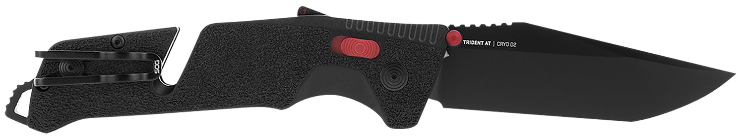 SOG SOG11120441 Trident AT Tactical Tanto Folding Knife 3.70" Plain Black TiNi Blade Red Accents