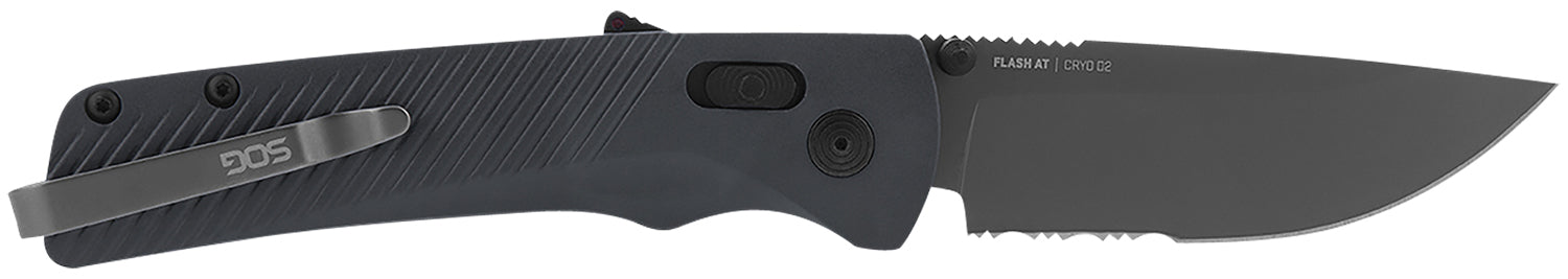 SOG SOG11180641 Flash AT EDC Folder 3.45" Part Serrated TiNi D2 Steel Urban Grey GRN Handle AT-XR Lock