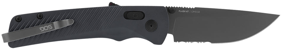 SOG SOG11180641 Flash AT EDC Folder 3.45" Part Serrated TiNi D2 Steel Urban Grey GRN Handle AT-XR Lock